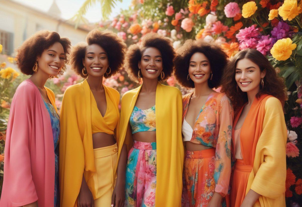 A serene fashion scene showcasing a diverse group of models smiling and radiating happiness while surrounded by vibrant clothing and accessories. Incorporate elements like blooming flowers and soft sunlight filtering through draped fabrics, symbolizing contentment and positivity in the fashion world. Capture a balance of elegance and joy in the atmosphere. lush colors. soft focus. vibrant colors. 3D.