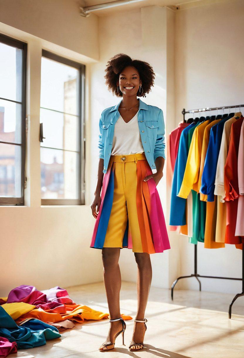 A confident model standing in a sunlit studio, surrounded by vibrant, uplifting colors representing joy and success. The model is smiling, showcasing a sense of fulfillment, with fashion elements scattered around, such as stylish clothing and accessories. In the background, faint silhouettes of photographers capturing the moment, highlighting the collaborative spirit of the fashion industry. Include a warm and inviting atmosphere with rays of sunlight streaming through large windows. super-realistic. vibrant colors. soft focus.